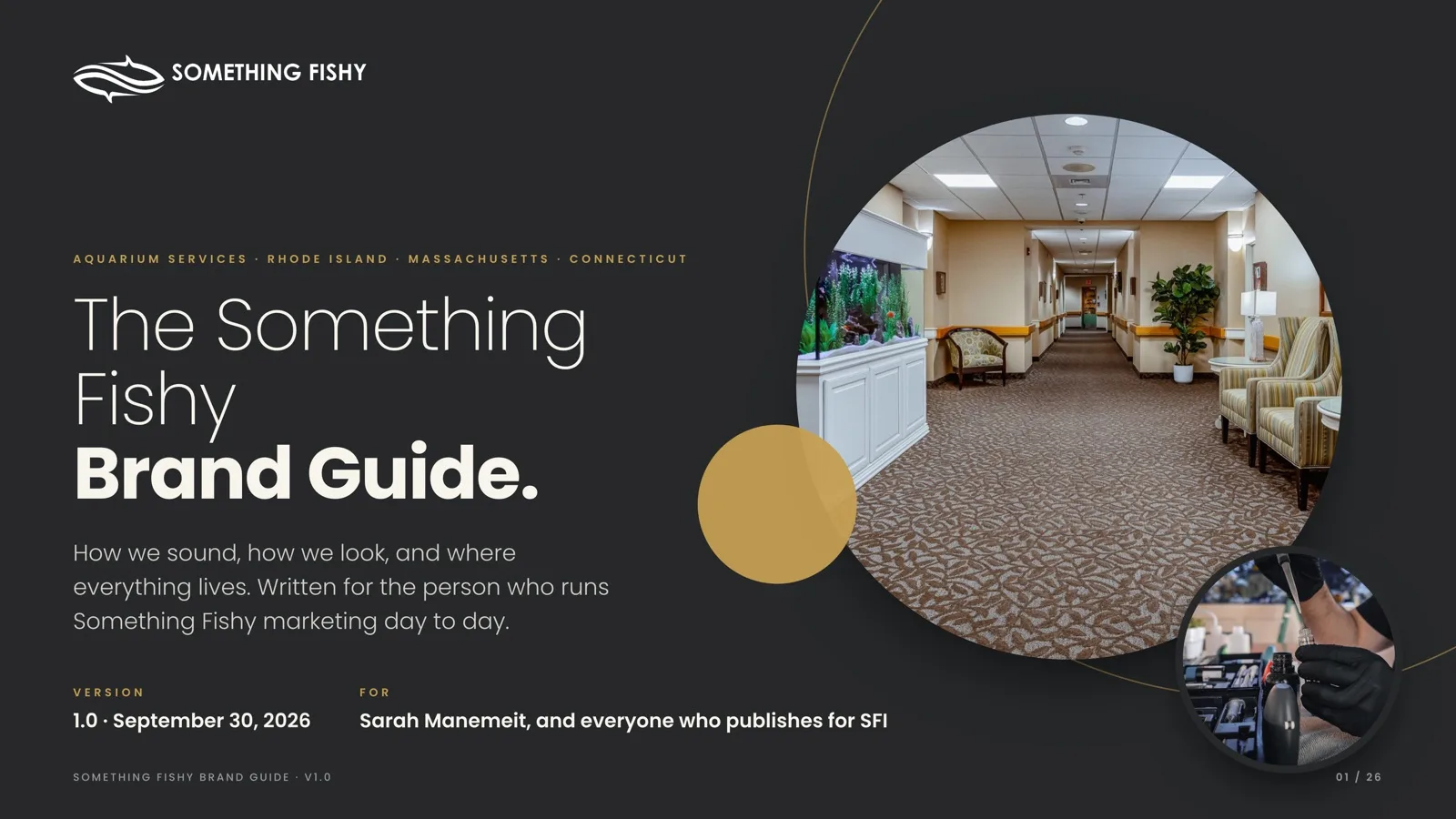 Brand guide cover: The Something Fishy Brand Guide, how we sound, how we look, and where everything lives.