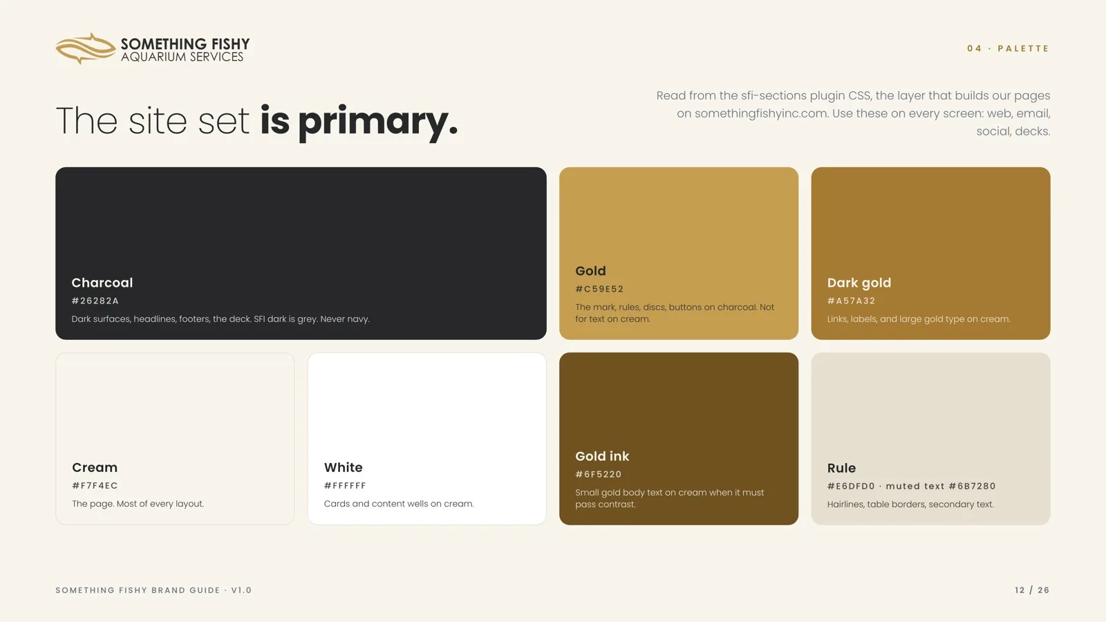 Brand guide spread: The site set is primary, with charcoal, gold, dark gold, cream and white swatches.