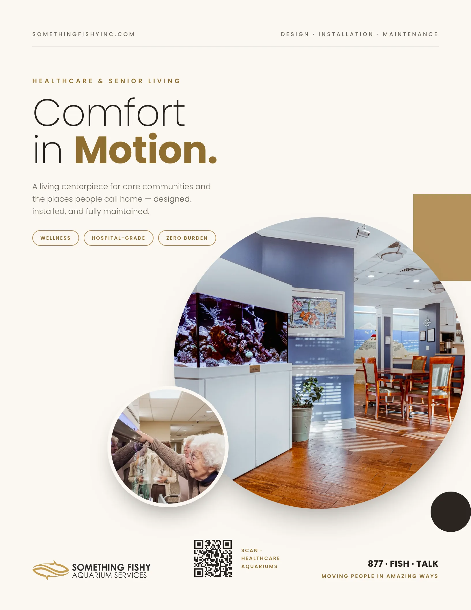 Sell sheet cover: Comfort in Motion, healthcare and senior living environments, with a photograph of an aquarium in a dining room.