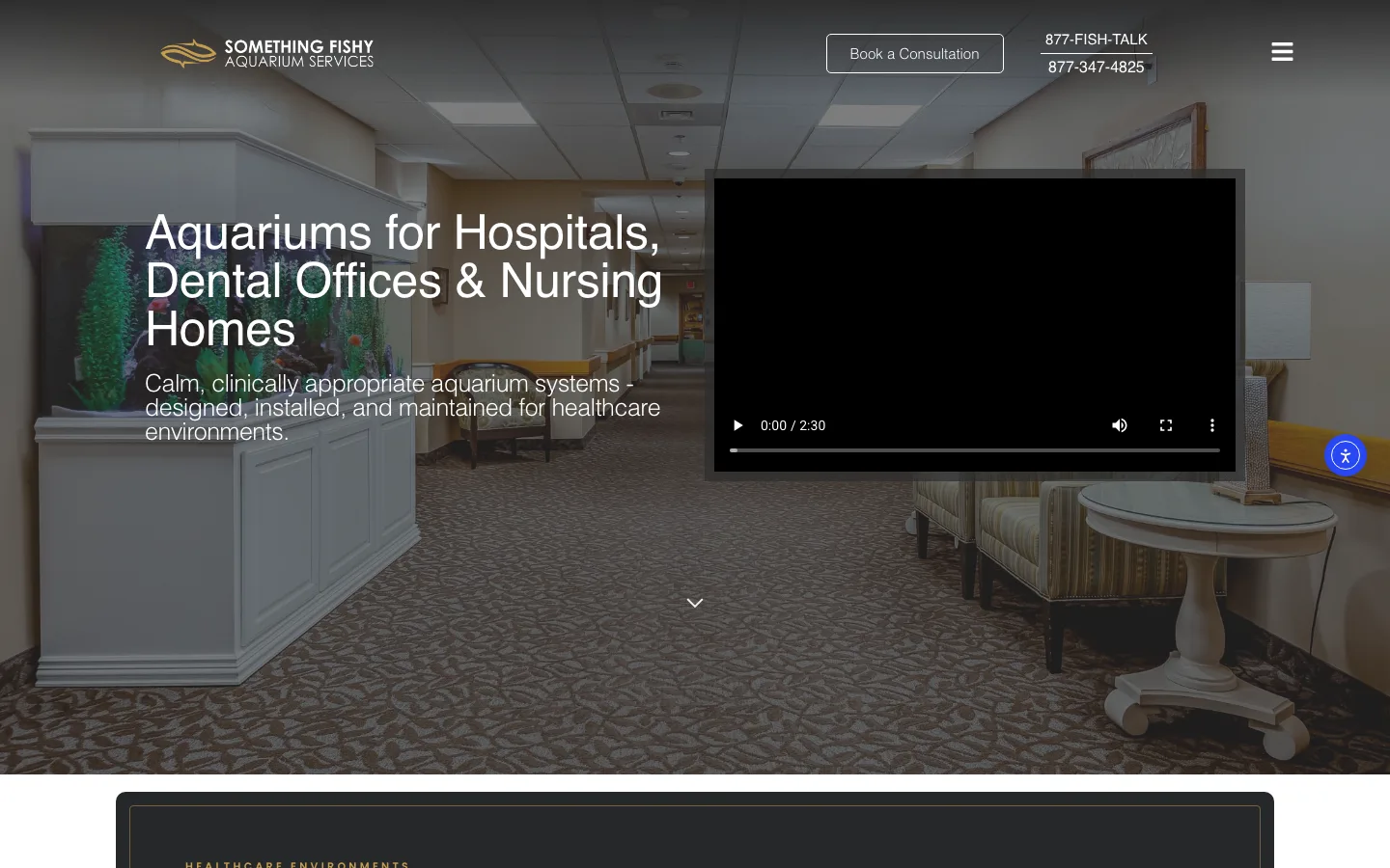 The healthcare page: an aquarium in a care-home corridor behind the headline Aquariums for Hospitals, Dental Offices and Nursing Homes.