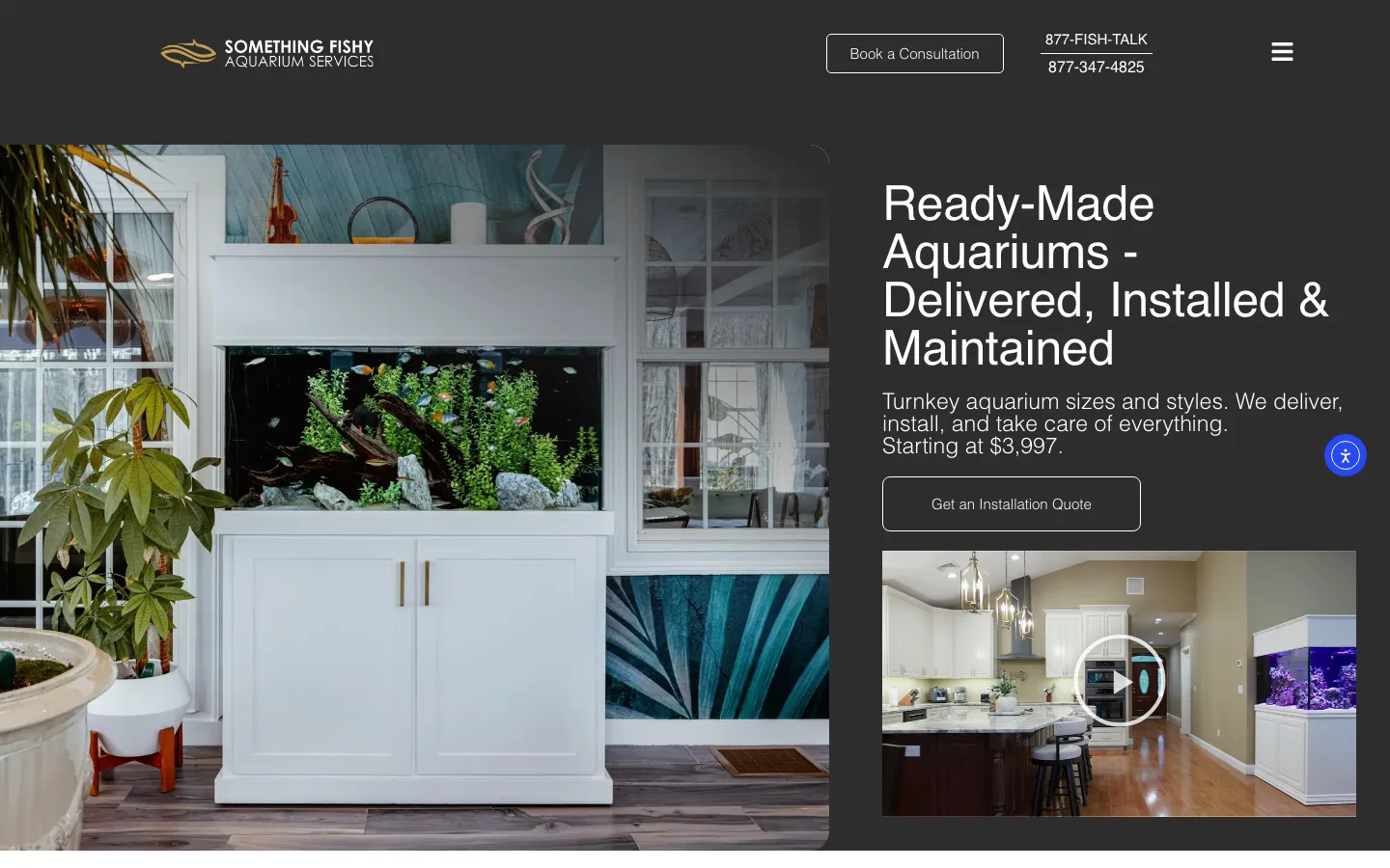 The Ready-Made Aquariums page: a planted aquarium in a white cabinet beside the headline Ready-Made Aquariums, Delivered, Installed and Maintained.