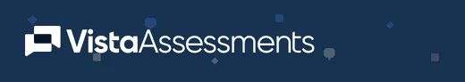 The Vista Assessments email signature banner: the wordmark on deep navy with drifting speech bubbles, diamonds and rounded squares.