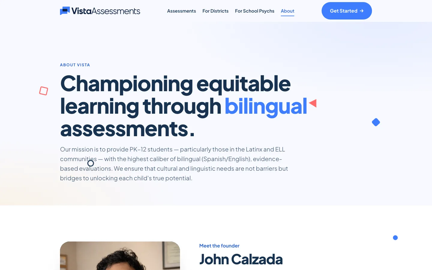 The About page: Championing equitable learning through bilingual assessments, with a Meet the founder section for John Calzada.
