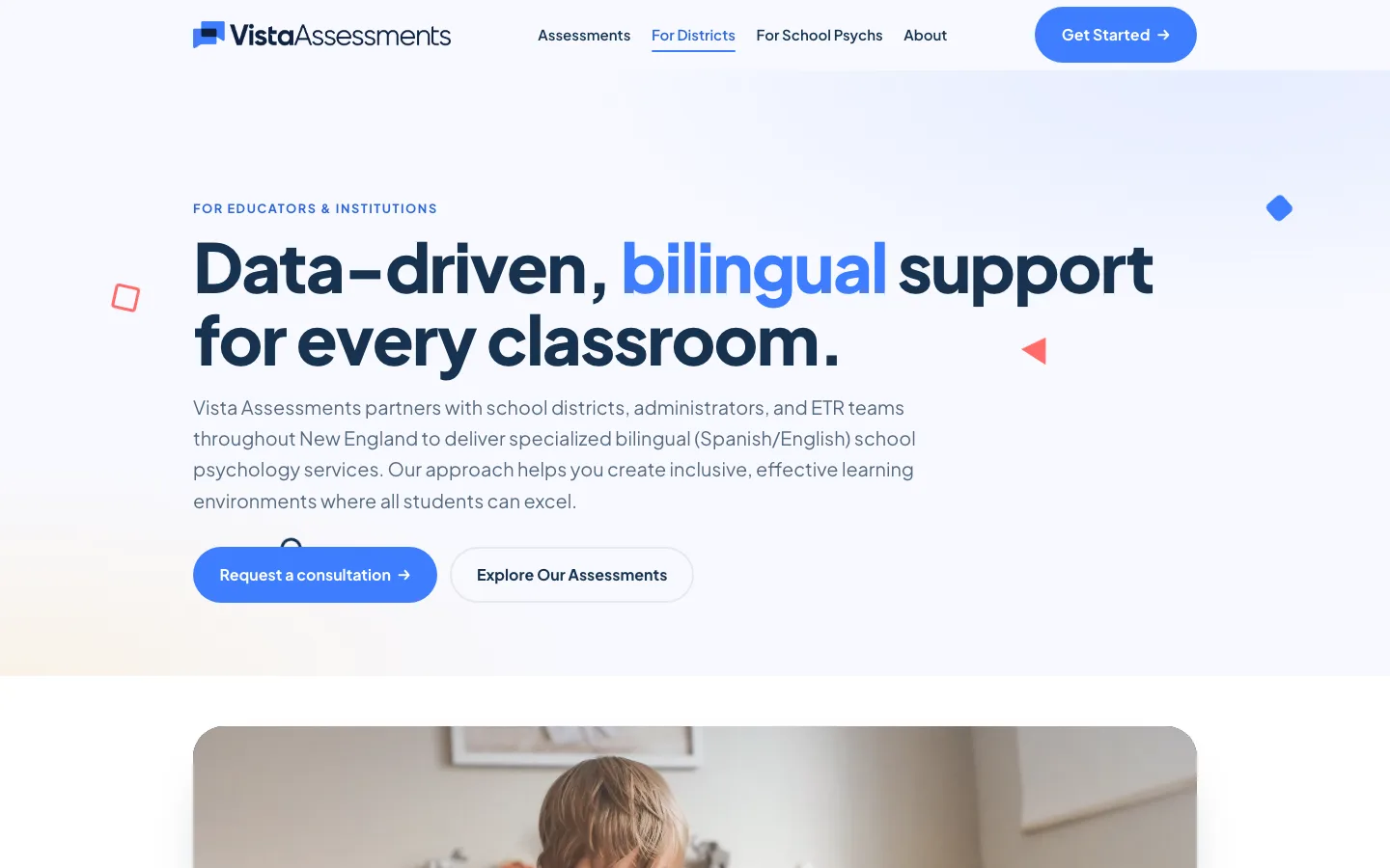 The For Districts page: Data-driven, bilingual support for every classroom, with a request-a-consultation button.