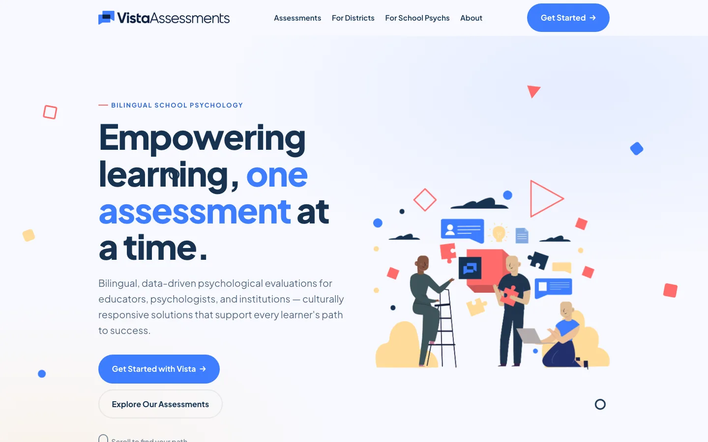 The Vista Assessments home page: the headline Empowering learning, one assessment at a time, beside an illustration of people fitting shapes together.